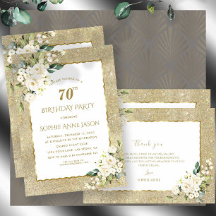 Charm Gold Glitter White Flowers 70th Birthday  Invitation