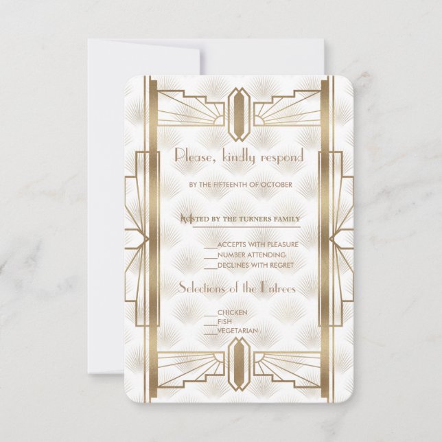 Charm Gold Great Gatsby Art Deco 20s Wedding RSVP (Front)
