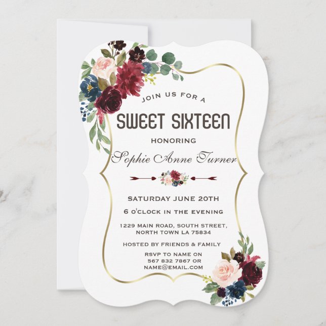 Charm Gold Merlot Navy Blue Floral Sweet 16 Invitation (Front)