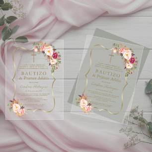 Charm Gold Pink Blush Flowers 1st Birthday Baptism Acrylic Invitations