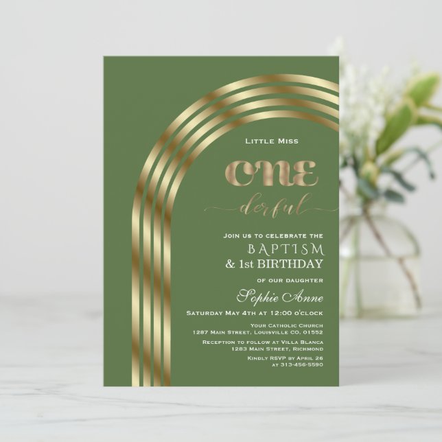 Charm Gold Sap Green Girl First Birthday & Baptism Invitation (Standing Front)