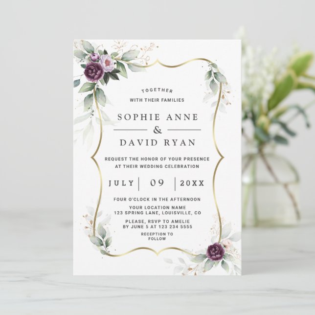 Charm Greenery Purple Pink Floral Gold Wedding  Invitation (Standing Front)