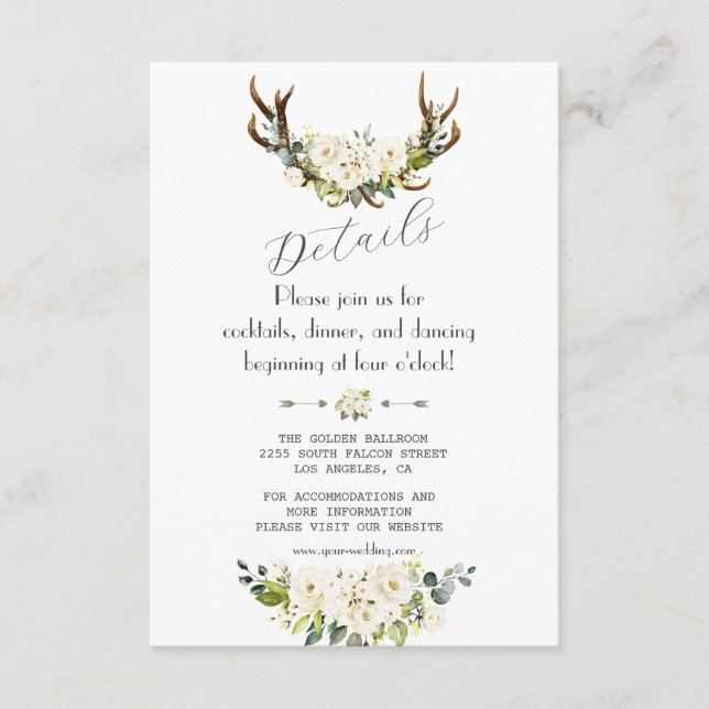 Charm Ivory Cream Flowers Antlers Wedding Details Enclosure Card (Front)