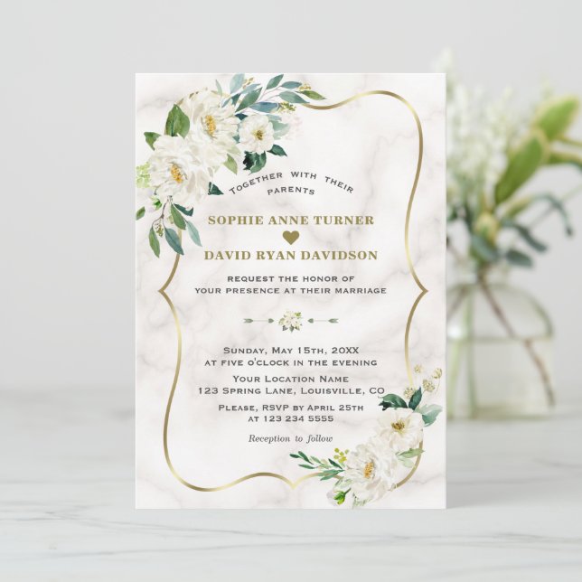 Charm Ivory White Flowers Rose Gold Marble Wedding Invitation (Standing Front)