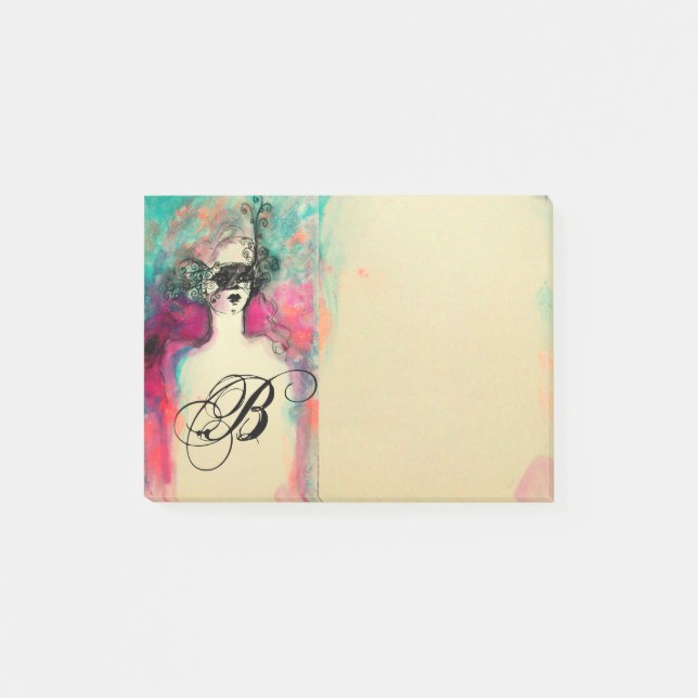 CHARM /Lady With Mask Monogram Pink Teal Green Post-it Notes (Front)