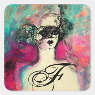 CHARM /Lady With Mask Monogram Pink Teal Green Square Sticker