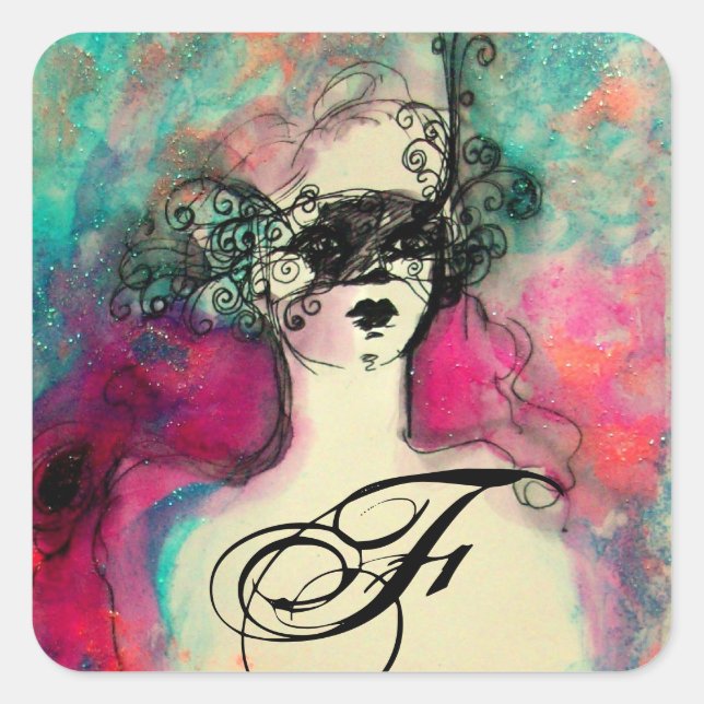 CHARM /Lady With Mask Monogram Pink Teal Green Square Sticker (Front)