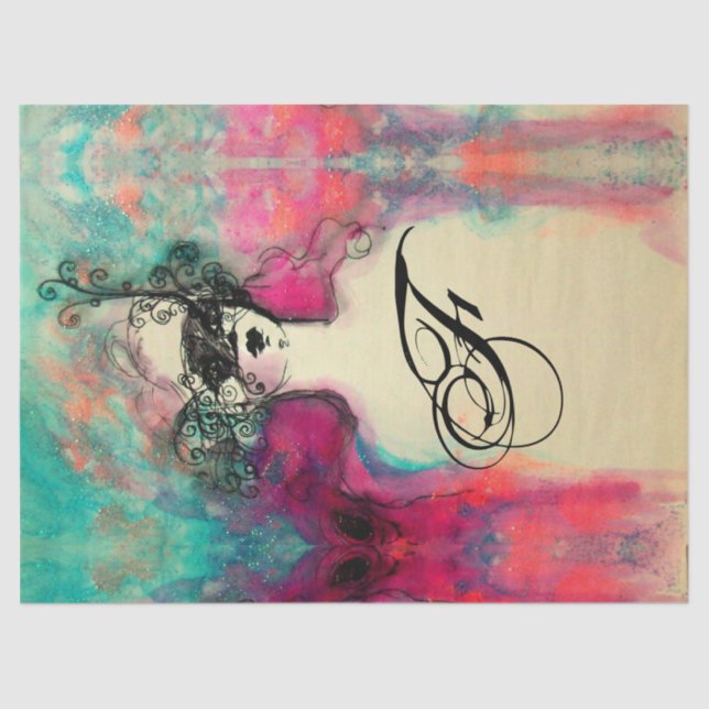 CHARM /Lady With Mask Monogram Pink Teal Green Tissue Paper (Front)