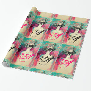 CHARM /Lady With Mask Monogram Pink Teal Green Wrapping Paper