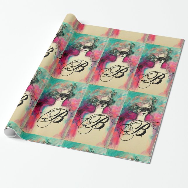 CHARM /Lady With Mask Monogram Pink Teal Green Wrapping Paper (Unrolled)