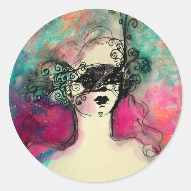 CHARM /Lady With Mask Pink Teal Green Classic Round Sticker (Front)