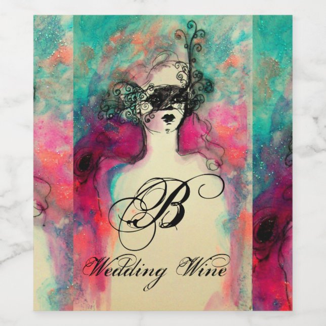 CHARM /Lady With Mask Wedding Monogram Pink Teal Wine Label (Single Label)