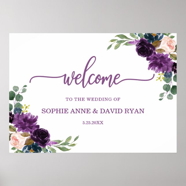 Charm Lavender Blue Floral Wedding Welcome Sign (Front)