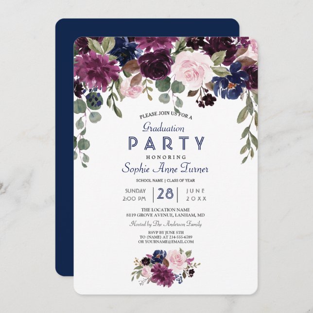 Charm Lavender Navy Blue Floral Bloom Graduation Invitation (Front/Back)
