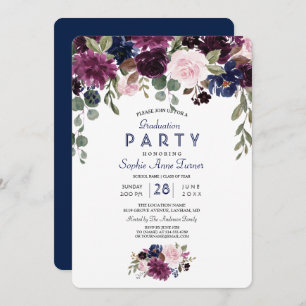 Charm Lavender Navy Blue Floral Bloom Graduation Invitation