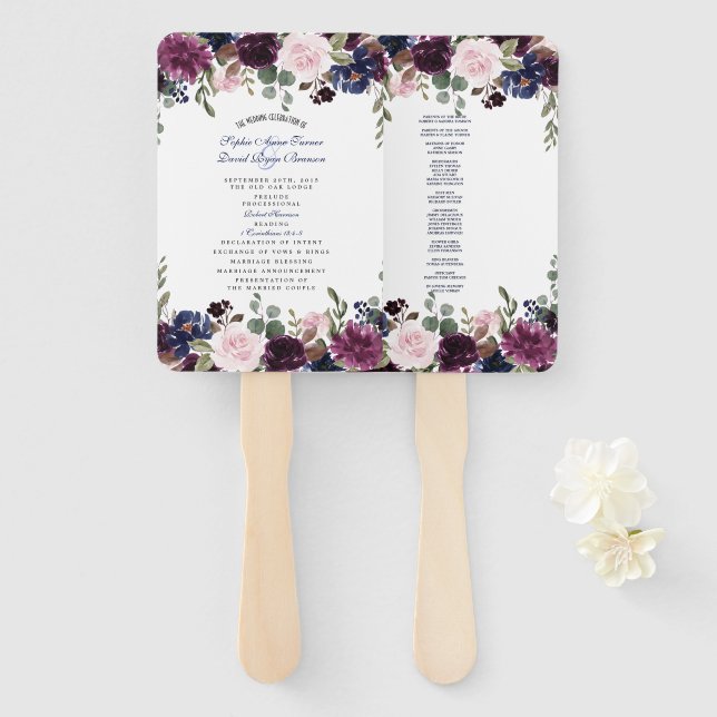 Charm Lavender Navy Blue Floral Bloom Program Hand Fan (Front and Back)