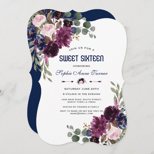 Charm Lavender Navy Blue Floral Bloom Sweet 16 Invitation (Front/Back)