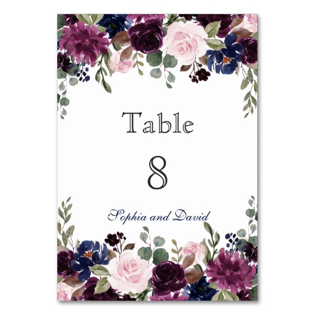 Charm Lavender Navy Blue Floral Bloom Table Number (Front)
