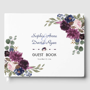 Charm Lavender Navy Blue Floral Bloom Wedding Guest Book