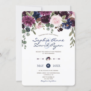 Charm Lavender Navy Blue Floral Bloom Wedding Invitation