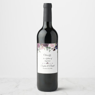 Charm Lavender Navy Blue Floral Bloom Wedding Wine Label