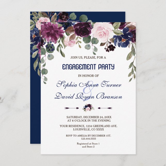 Charm Lavender Navy Blue Floral Engagement Party Invitation (Front/Back)