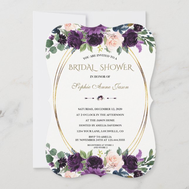 Charm Lavender Navy Blue Flowers Bridal Shower Invitation (Front)