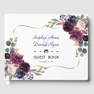 Charm Lavender Navy Gold Floral Bloom Wedding Guest Book