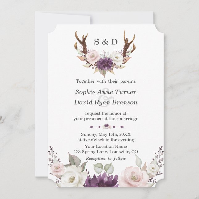 Charm Lavender Pink Floral Antlers Wedding Invitation (Front)