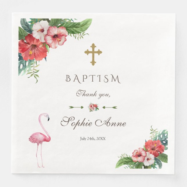 Charm Luau Flamingo Tropical Floral Baptism Invite Napkin (Front)