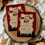 Charm Lumberjack Little Hunter Baby Shower Invitation<br><div class="desc">Rustic,  hunting theme look design: an old paper shape with dotted frame,  one bear,  a moose,  fir trees and two hatchets,  all on a red black buffalo plaid as background. Use Customise tool to add your info. Red Buffalo Plaid/Lumberjack Birthday Collection.</div>