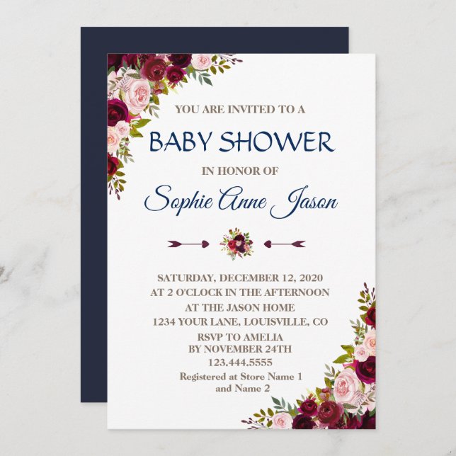 Charm Marsala Floral Fall Navy Blue Baby Shower Invitation (Front/Back)