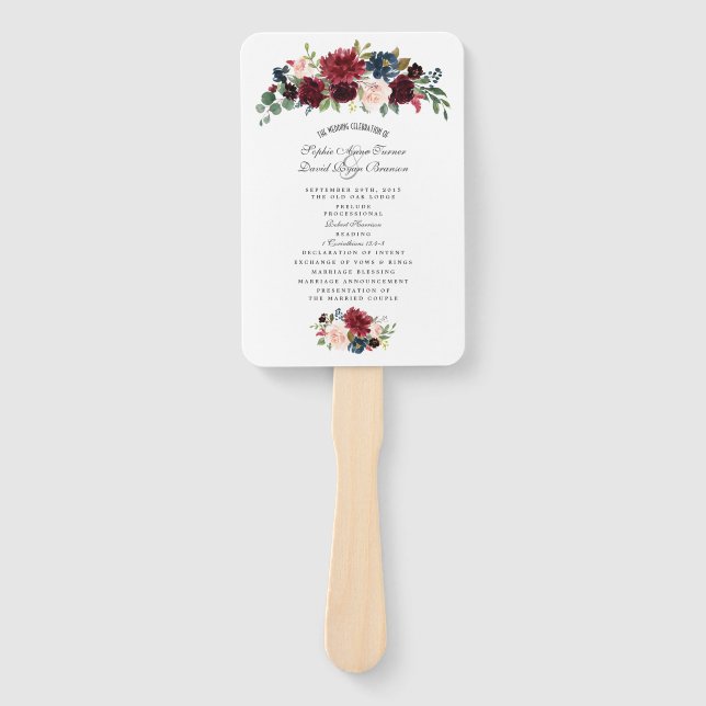 Charm Merlot Navy Blue Floral Wedding Program Hand Fan (Front)