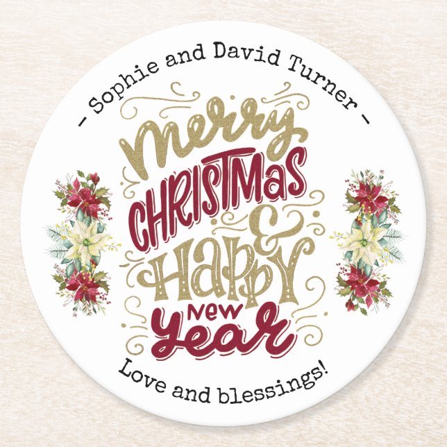 Charm Merry Christmas Happy New Year Typography Round Paper Coaster (Front)