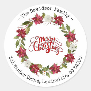 Charm Merry Christmas Red White Poinsettia Wreath Classic Round Sticker