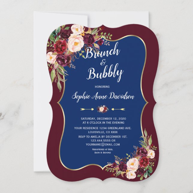 Charm Navy Blue Burgundy Floral Brunch & Bubbly Invitation (Front)