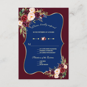 Charm Navy Blue Burgundy Floral Gold Wedding RSVP Card