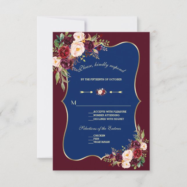 Charm Navy Blue Burgundy Floral Gold Wedding RSVP Card (Front)