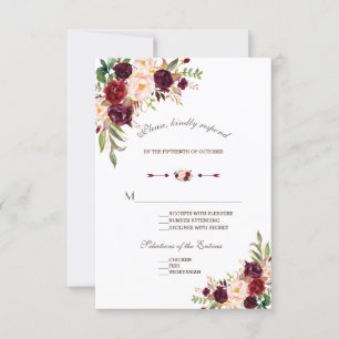 Charm Navy Blue Burgundy Floral Wedding RSVP Card