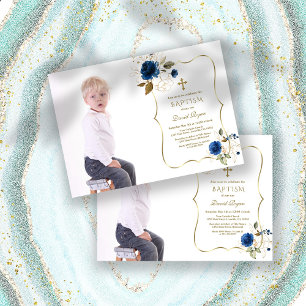 Charm Navy Blue Floral Gold Boy Photo Baptism  Invitation