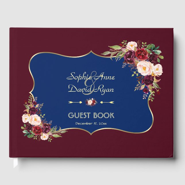 Charm Navy Blue Gold Burgundy Floral Wedding Guest Book (Front)