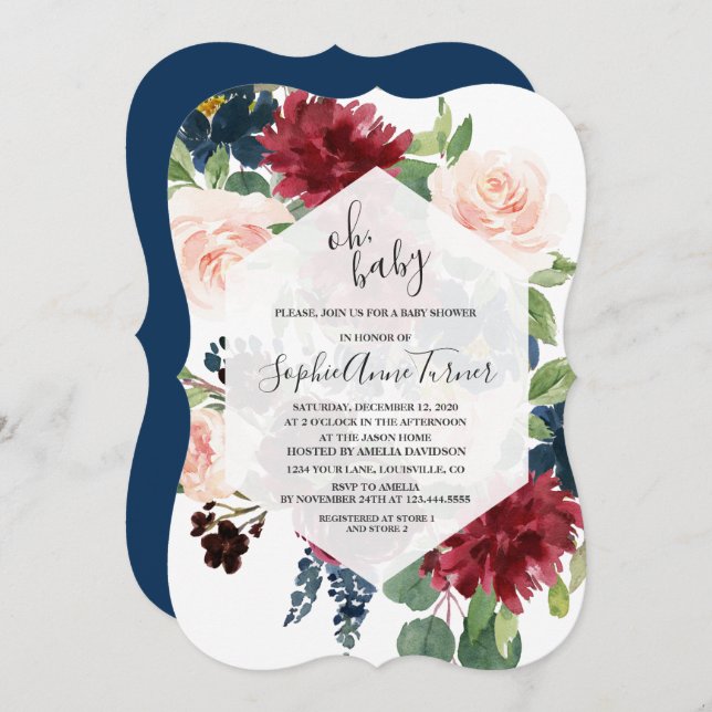 Charm Oh BABY Burgundy Floral Hexagon Baby Shower Invitation (Front/Back)