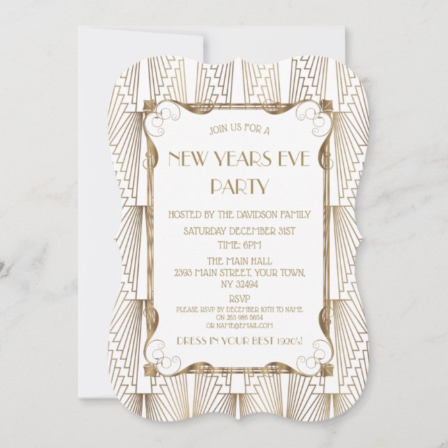 Charm Old Hollywood White Great Gatsby New Year Invitation (Front)
