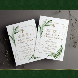 Charm Olive Gold Spanish Girl 1st Birthday Baptism Invitation