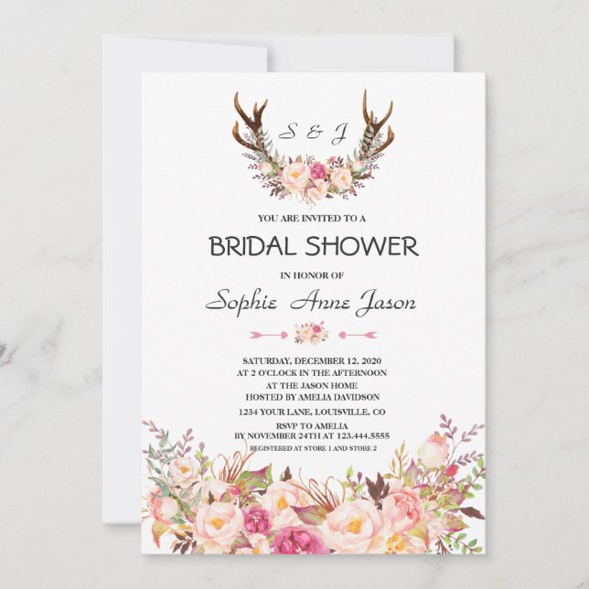 Charm Pink Blush Floral Antlers Bridal Shower Invitation (Front)