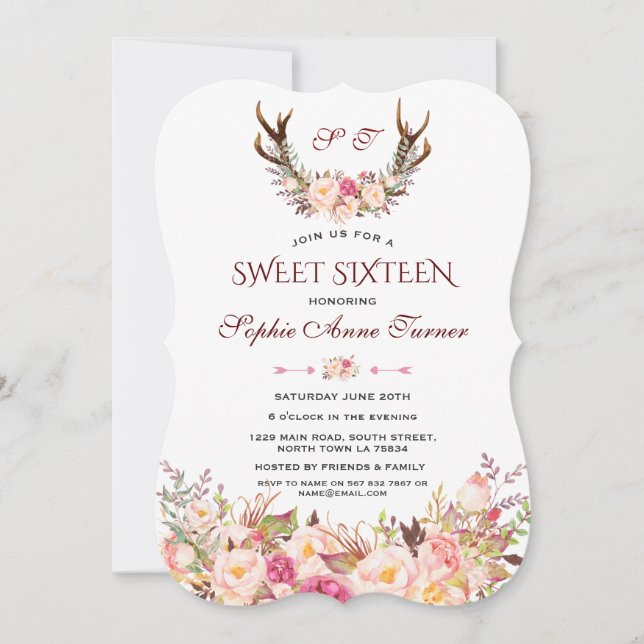 Charm Pink Blush Floral Antlers Monogram Sweet 16 Invitation (Front)