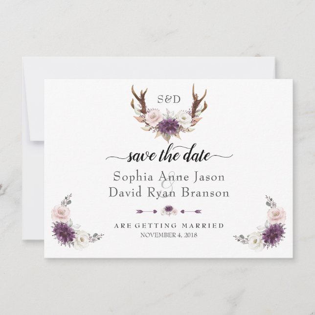 Charm Pink Blush Floral Antlers Save The Date (Front)