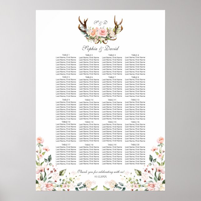 Charm Pink Blush Floral Antlers Seating Chart (Front)