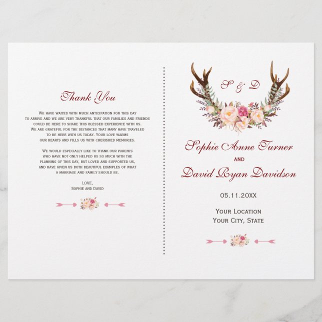 Charm Pink Blush Floral Antlers Wedding Program (Front)
