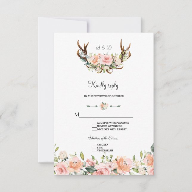 Charm Pink Blush Floral Antlers Wedding RSVP Card (Front)